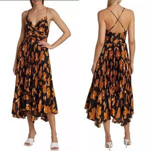 Jonathan Simkhai Portia Pleated Floral Satin Midi-Dress Handkerchief Hem Cross